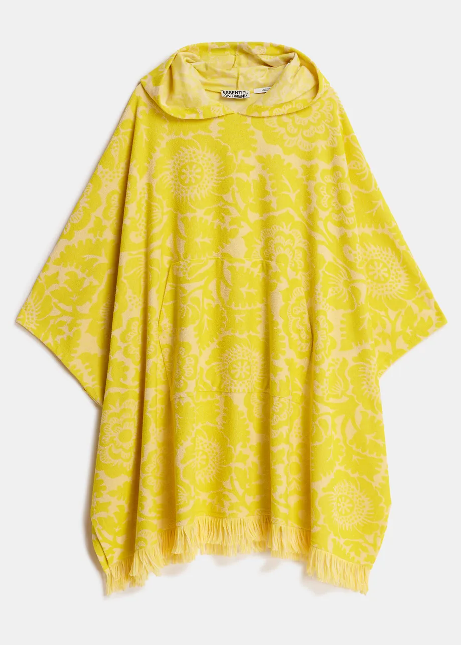 Gelbes Midikleid aus Jacquard-Baumwollmischgewebe mit Blumenmuster und Kapuze