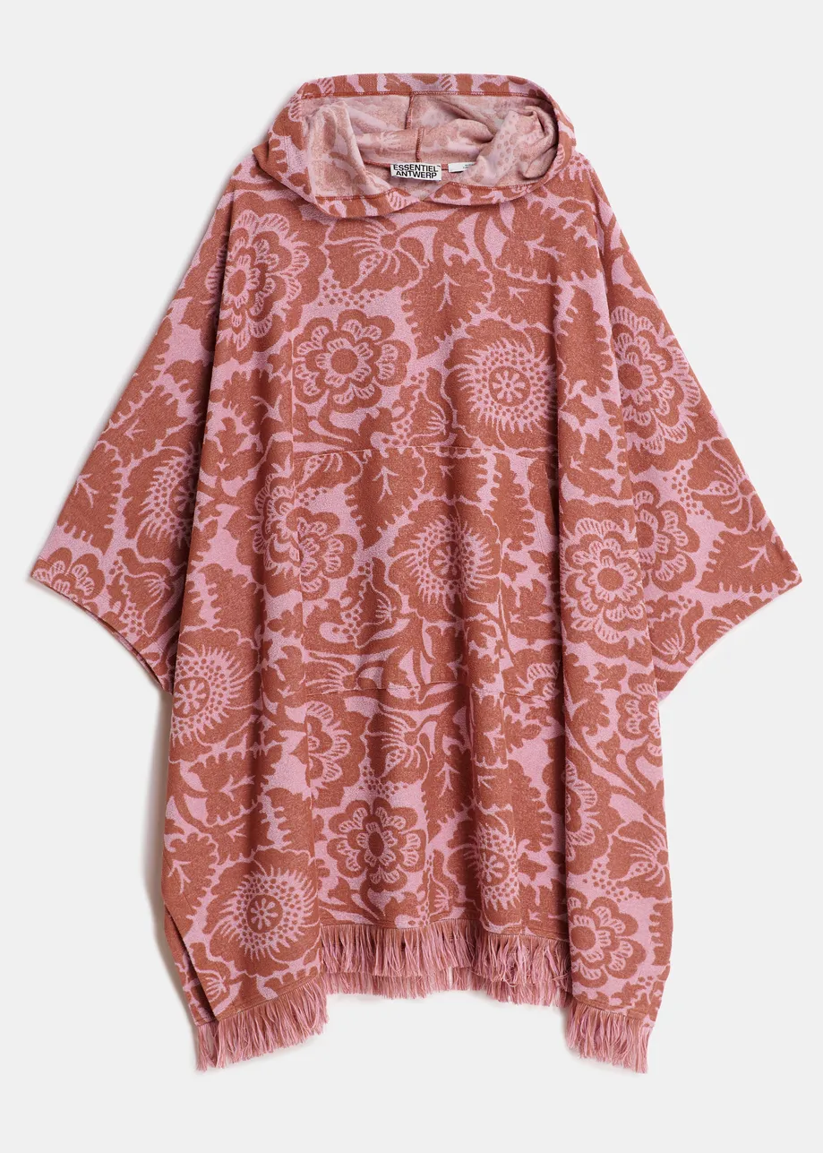 Rosa Midikleid aus Jacquard-Baumwollmischgewebe mit Blumenmuster und Kapuze