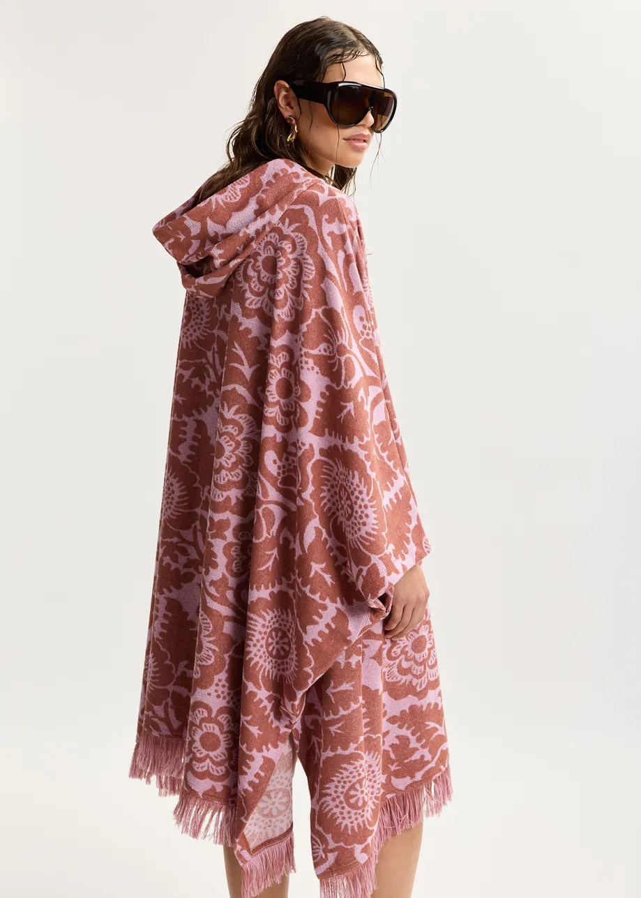 Rosa Midikleid aus Jacquard-Baumwollmischgewebe mit Blumenmuster und Kapuze