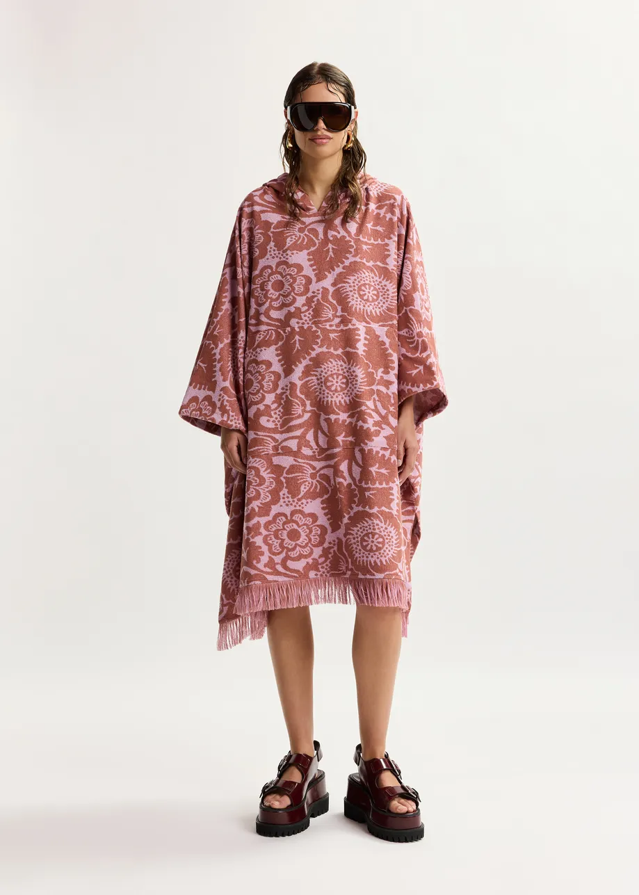 Rosa Midikleid aus Jacquard-Baumwollmischgewebe mit Blumenmuster und Kapuze