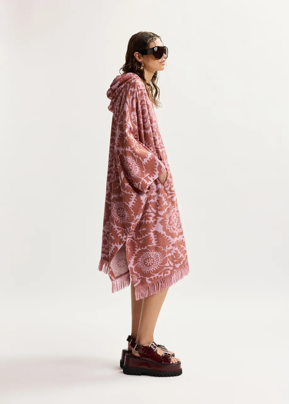 Rosa Midikleid aus Jacquard-Baumwollmischgewebe mit Blumenmuster und Kapuze