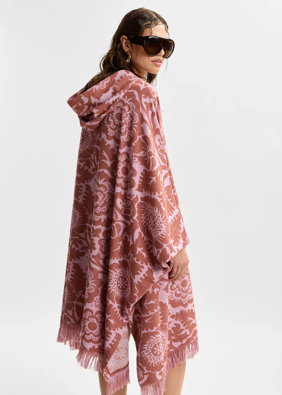 Rosa Midikleid aus Jacquard-Baumwollmischgewebe mit Blumenmuster und Kapuze