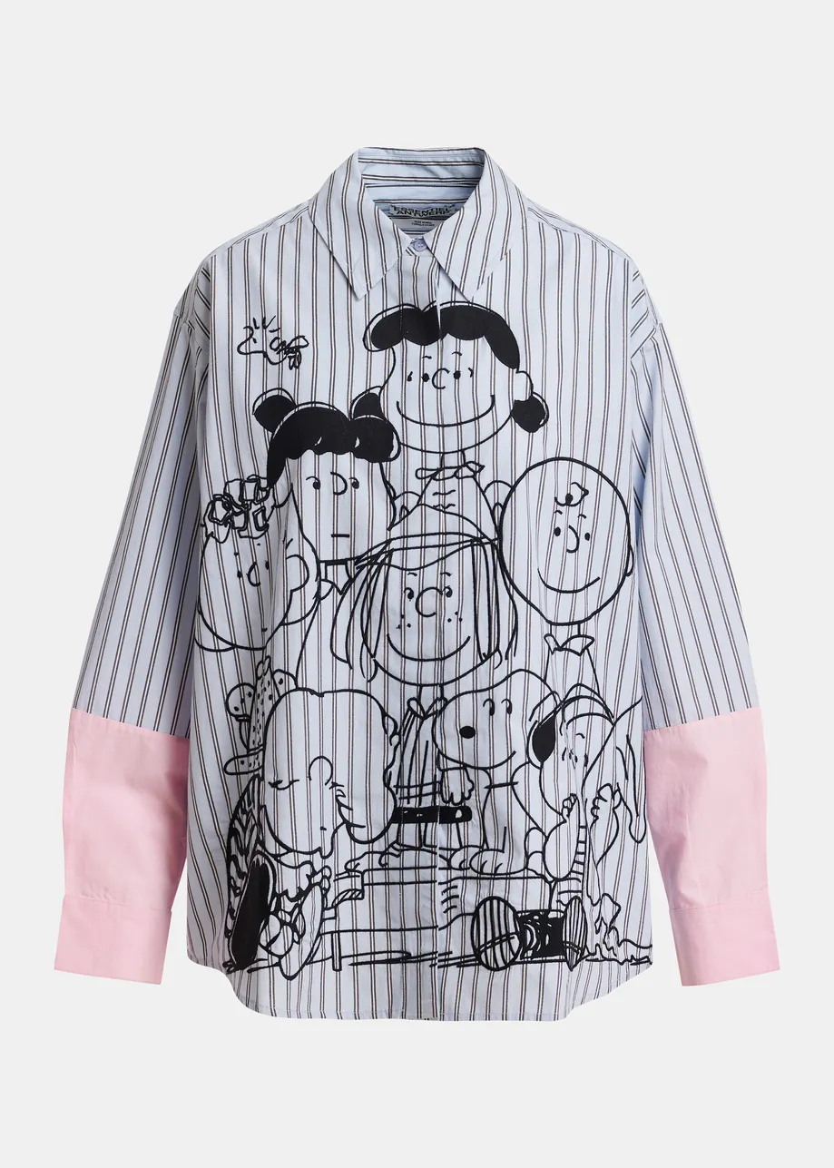 Chemise à rayures en coton bleu clair avec broderie Peanuts™ et manches contrastées roses