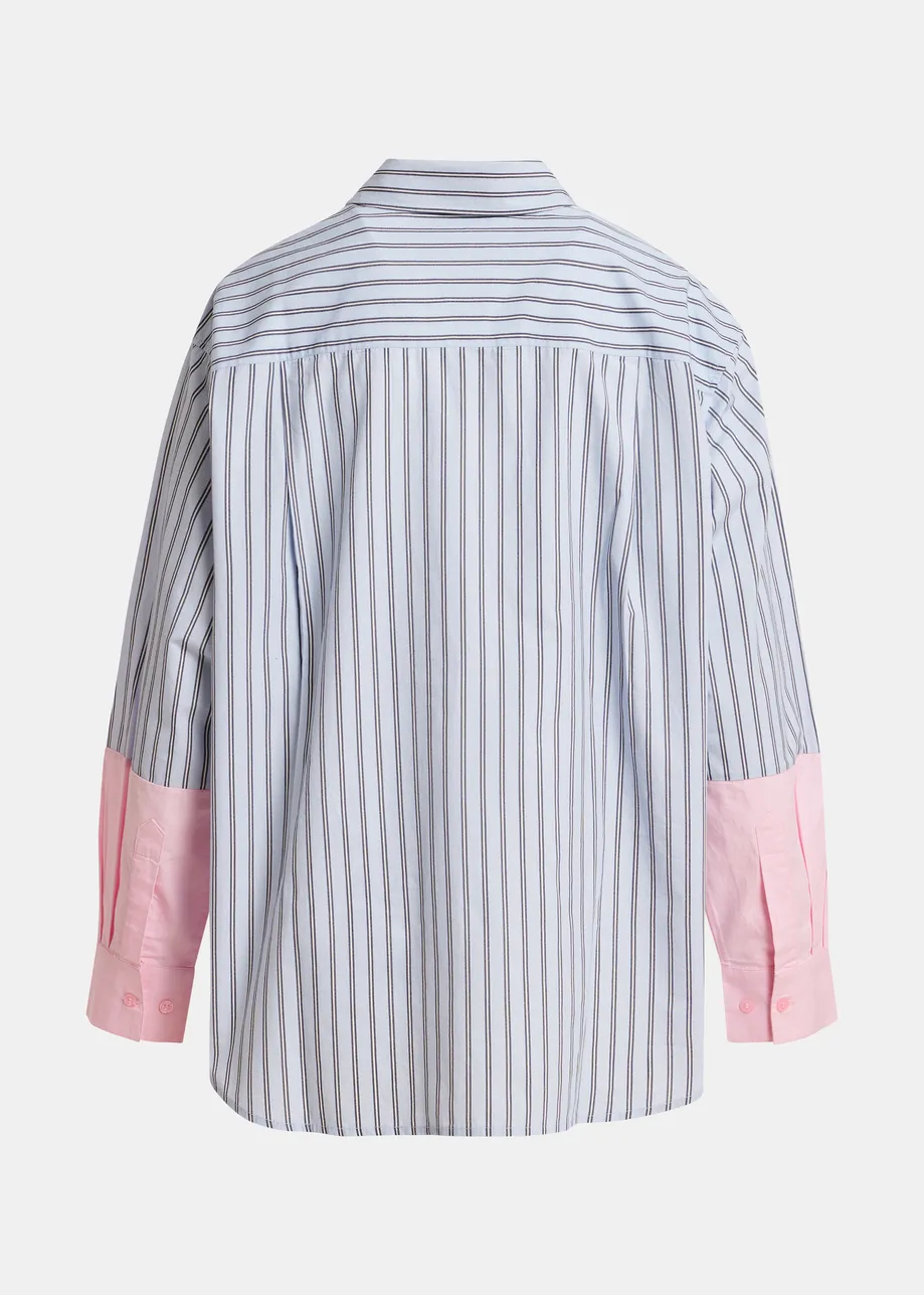 Chemise à rayures en coton bleu clair avec broderie Peanuts™ et manches contrastées roses