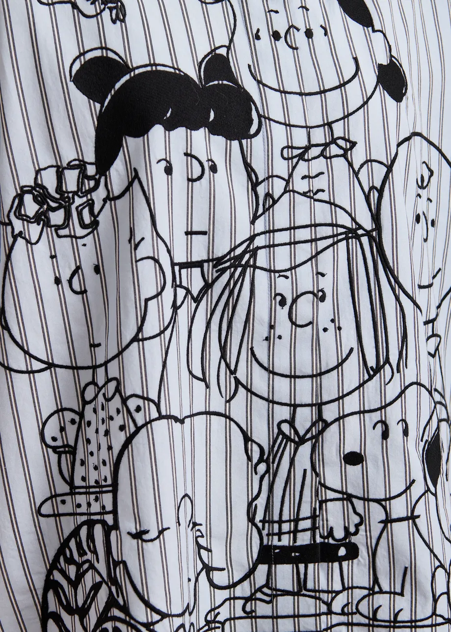 Chemise à rayures en coton bleu clair avec broderie Peanuts™ et manches contrastées roses