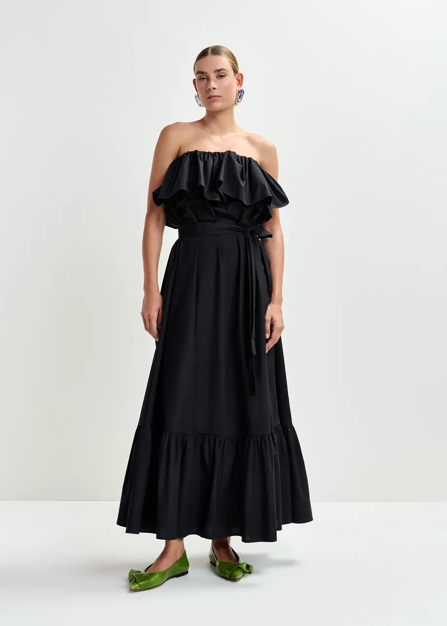 Black strapless cotton maxi dress with ruffles