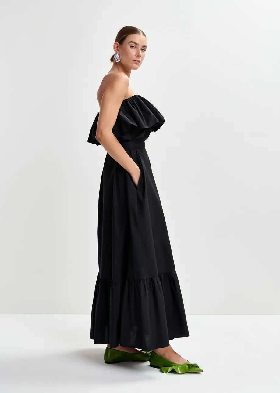Black strapless cotton maxi dress with ruffles