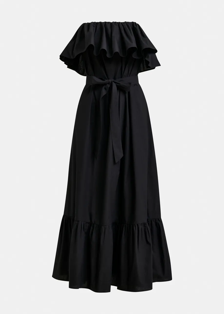 Black strapless cotton maxi dress with ruffles