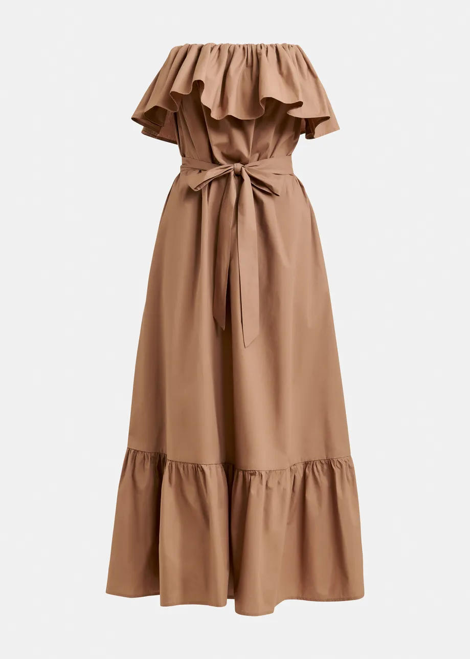 Brown strapless cotton maxi dress with ruffles