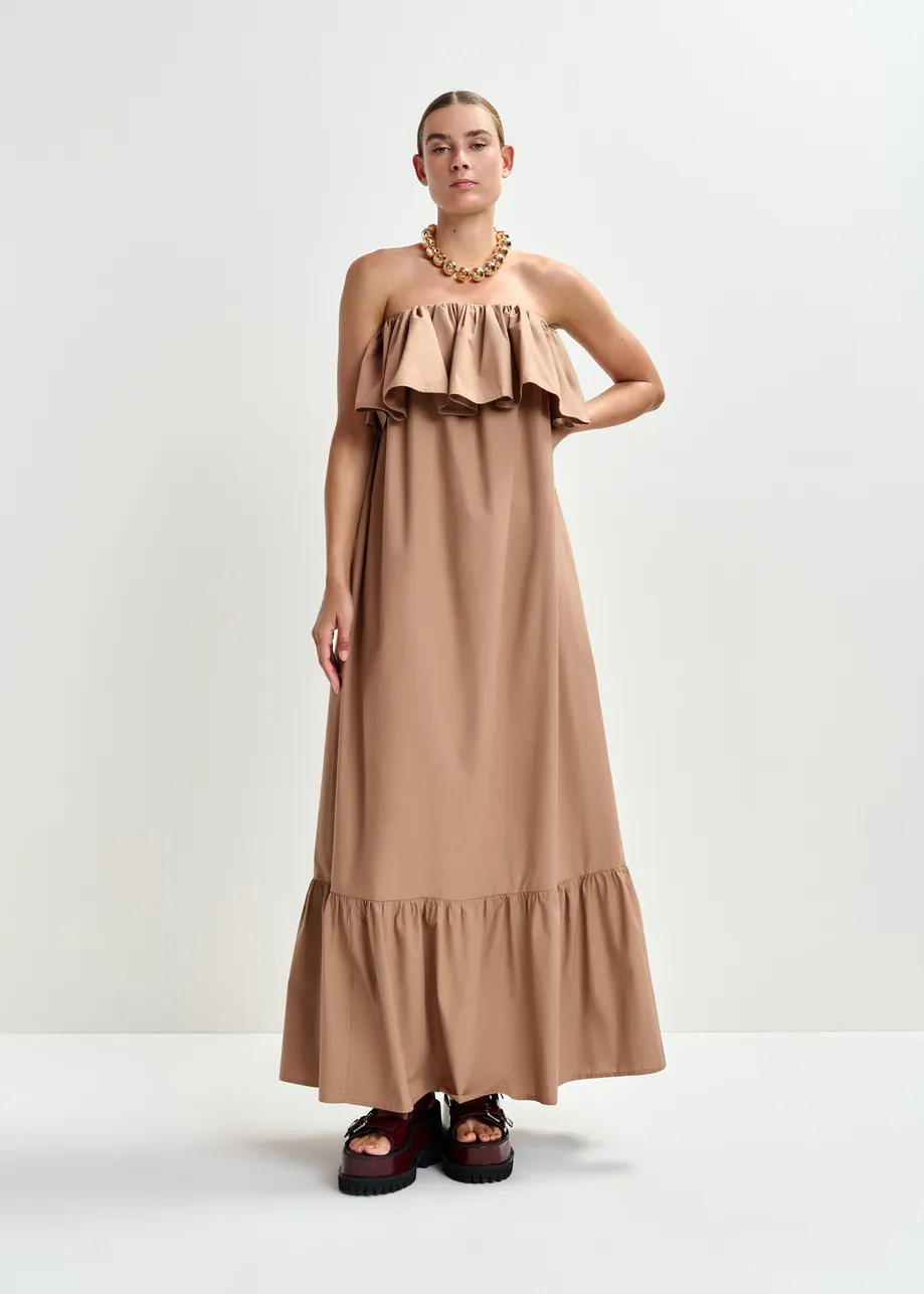 Brown strapless cotton maxi dress with ruffles