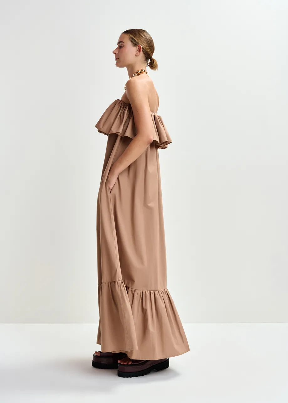 Brown strapless cotton maxi dress with ruffles