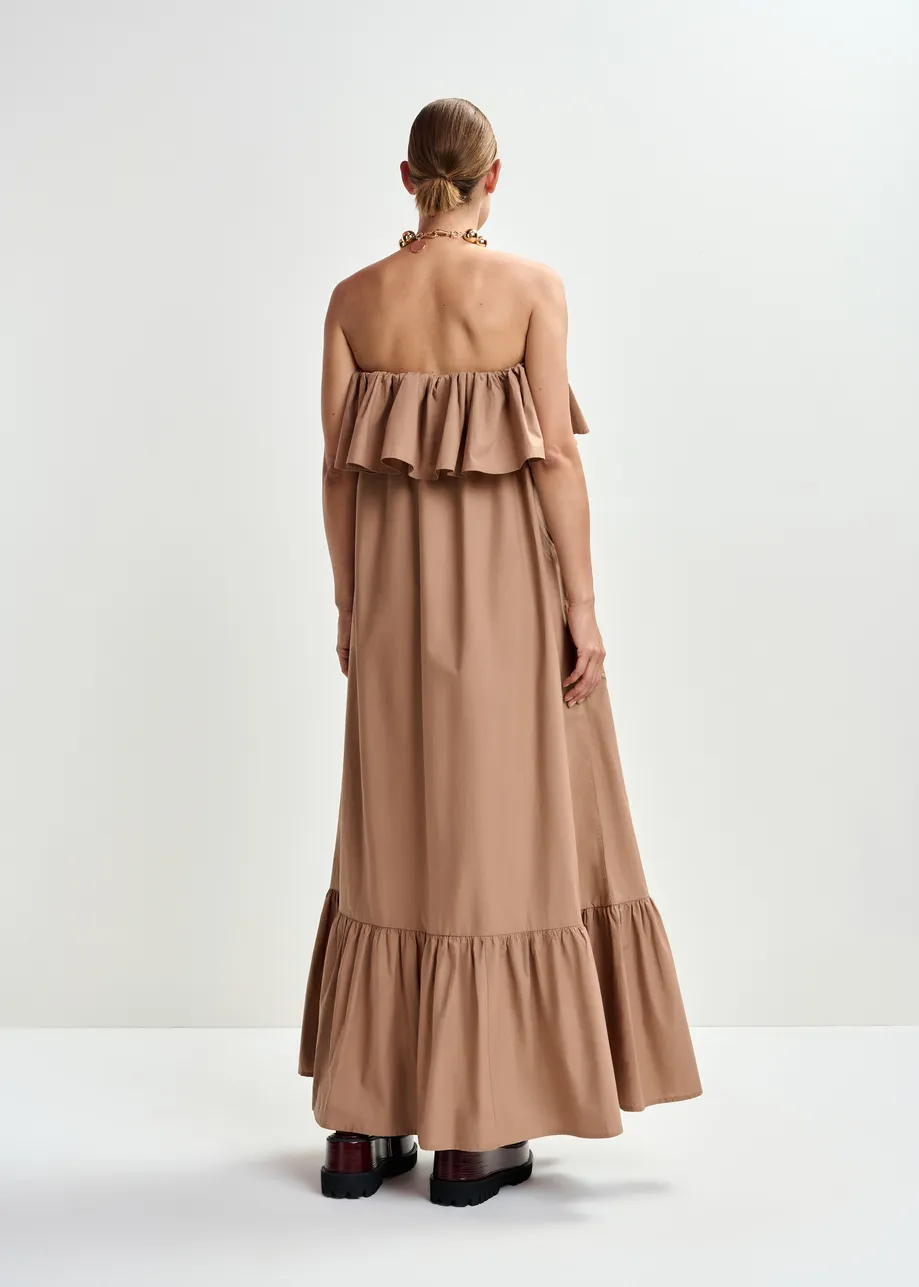 Brown strapless cotton maxi dress with ruffles
