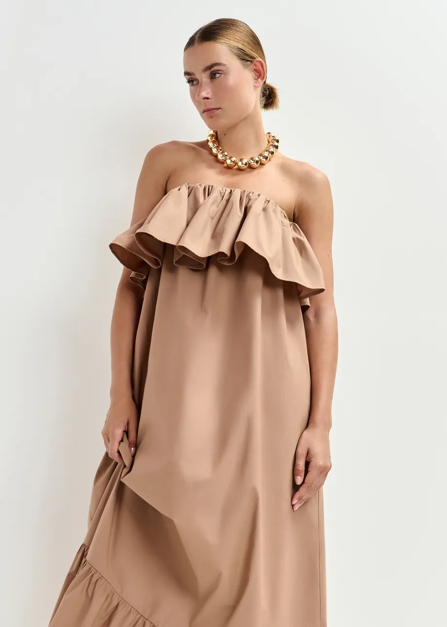 Brown strapless cotton maxi dress with ruffles