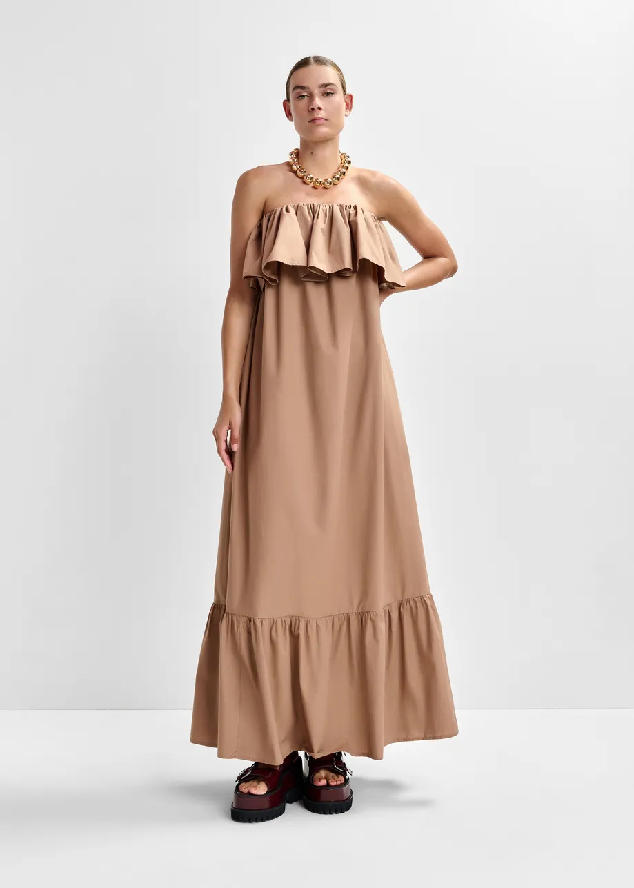 Brown strapless cotton maxi dress with ruffles