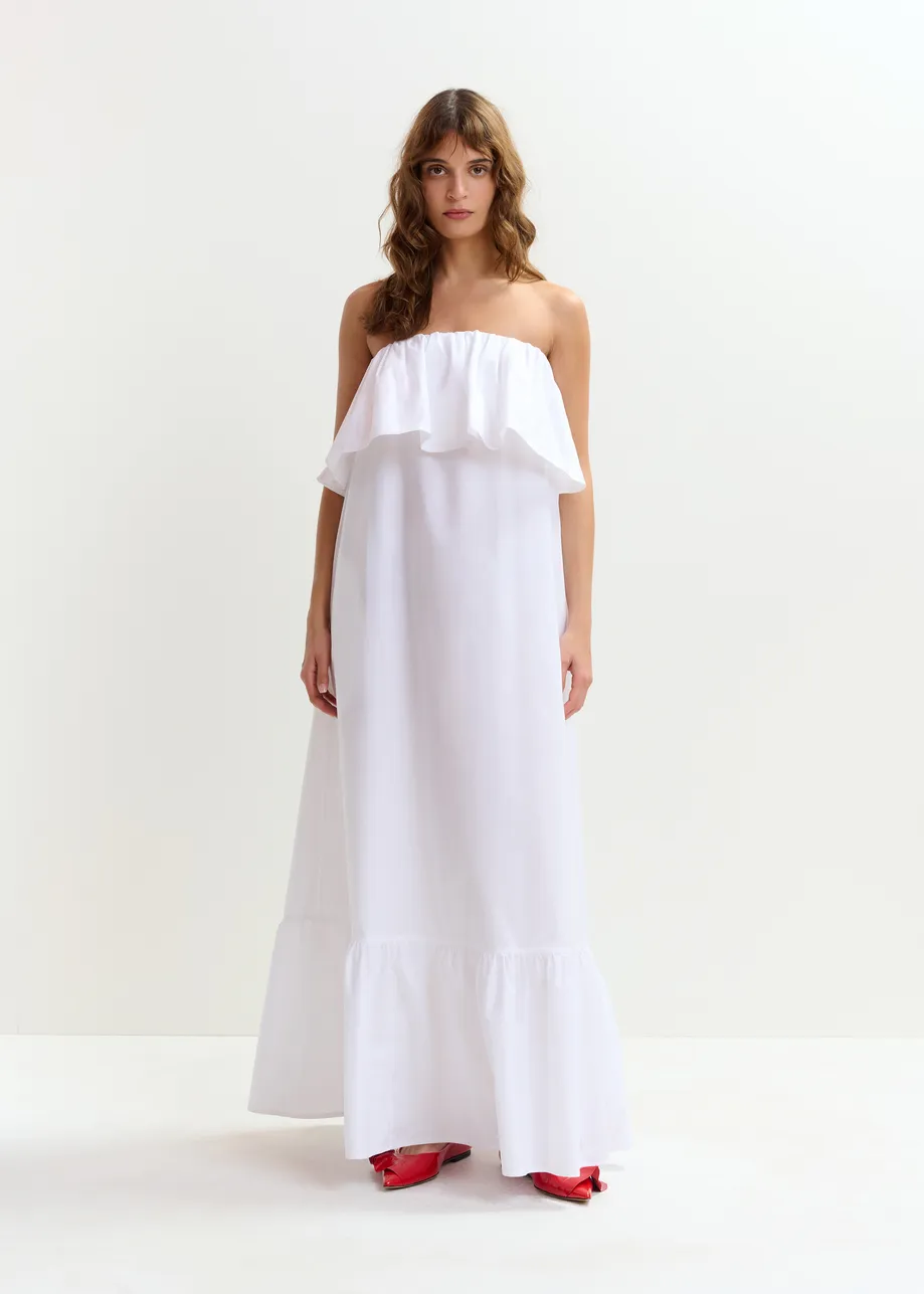 White strapless cotton maxi dress with ruffles