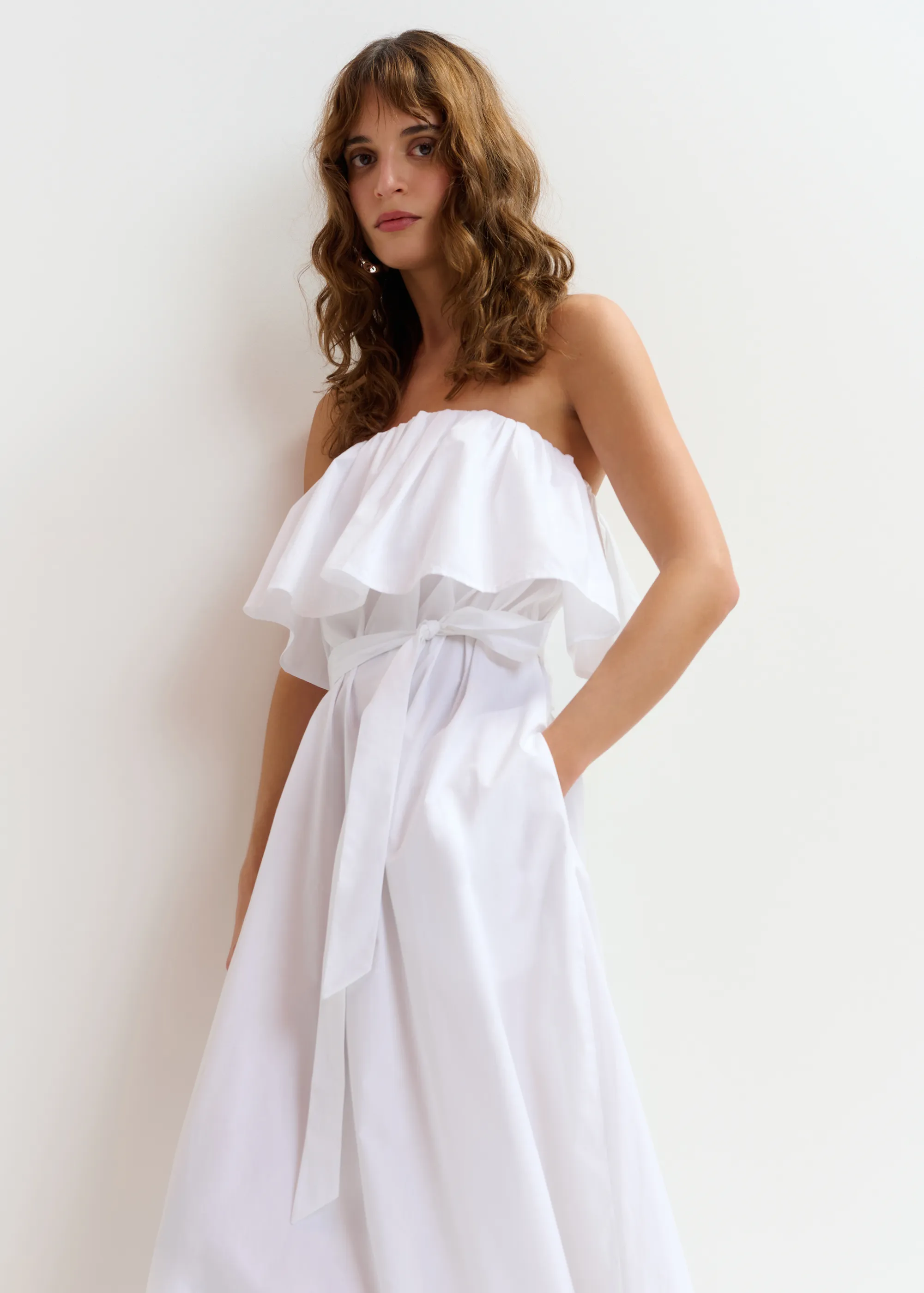 White strapless cotton maxi dress with ruffles | Essentiel Antwerp United  States