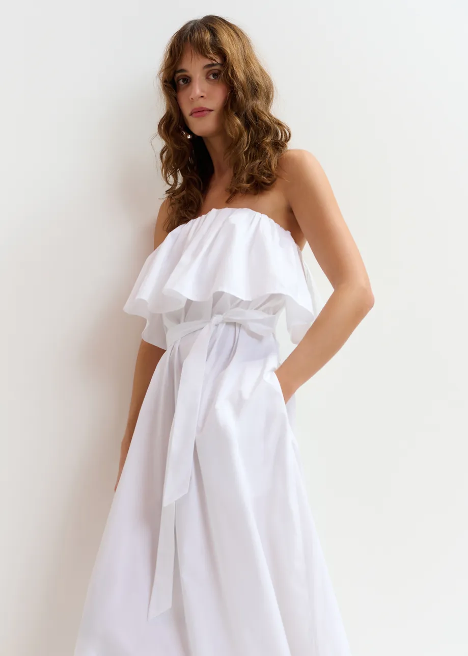 White strapless cotton maxi dress with ruffles