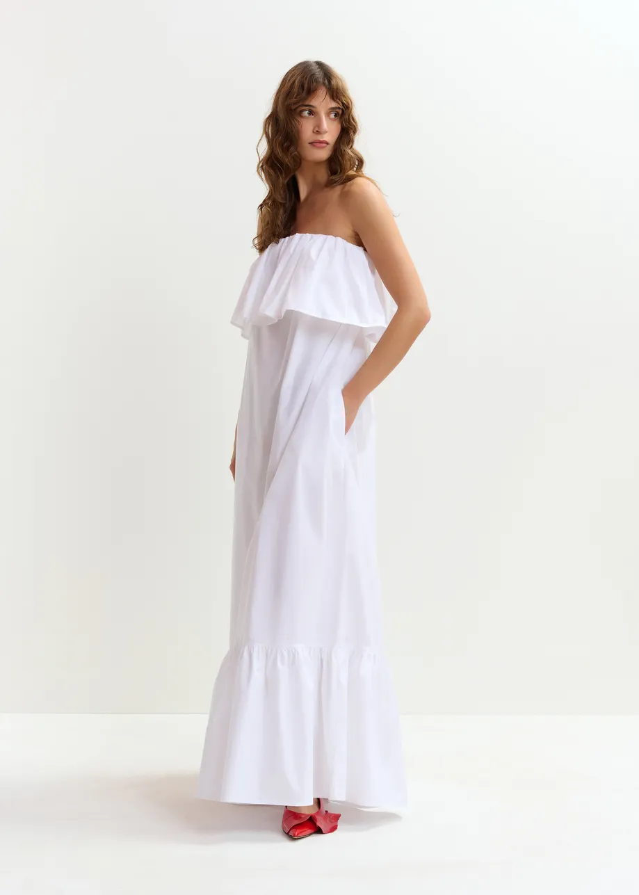 White strapless cotton maxi dress with ruffles