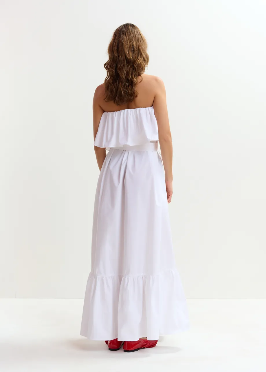 White strapless cotton maxi dress with ruffles