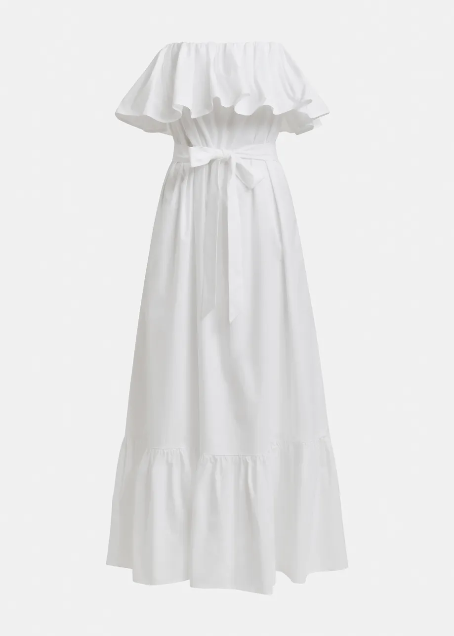 White strapless cotton maxi dress with ruffles