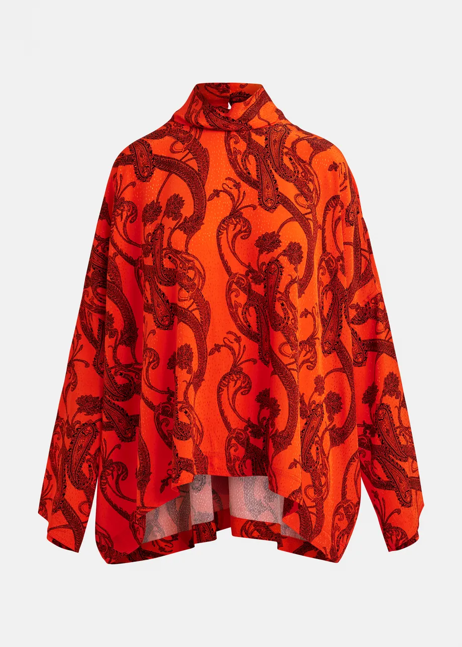 Oranje en zwarte oversized top met hoge halslijn en paisleyprint