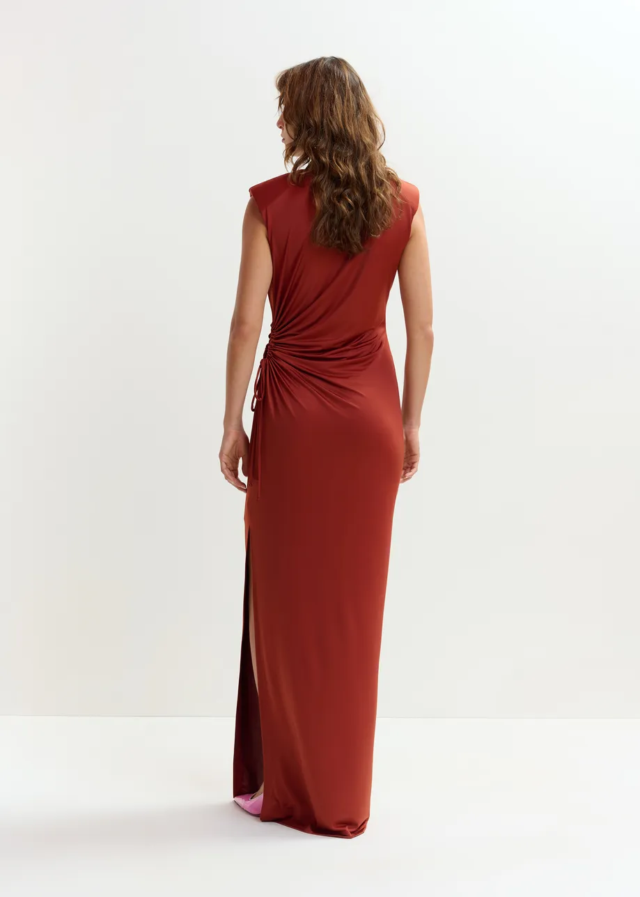 Vestido entallado sin mangas con detalle fruncido y abertura, naranja