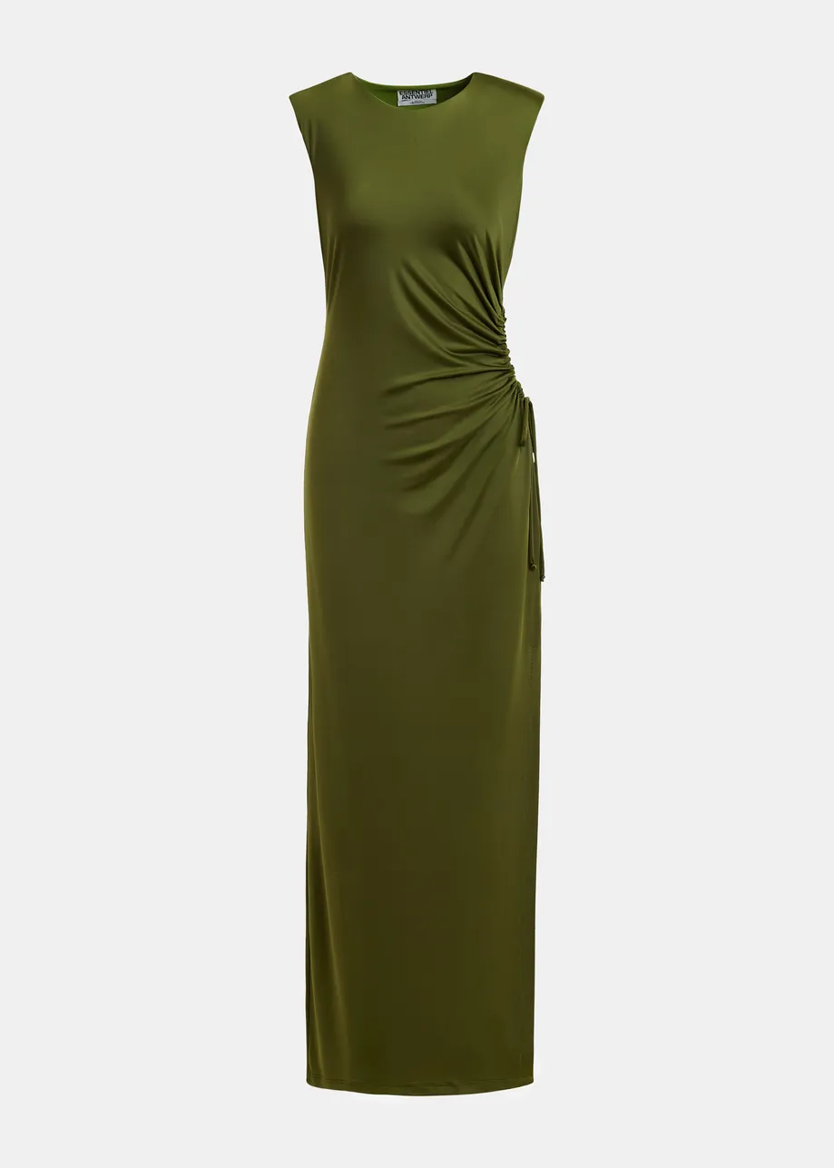 Vestido entallado sin mangas con detalle fruncido y abertura, caqui