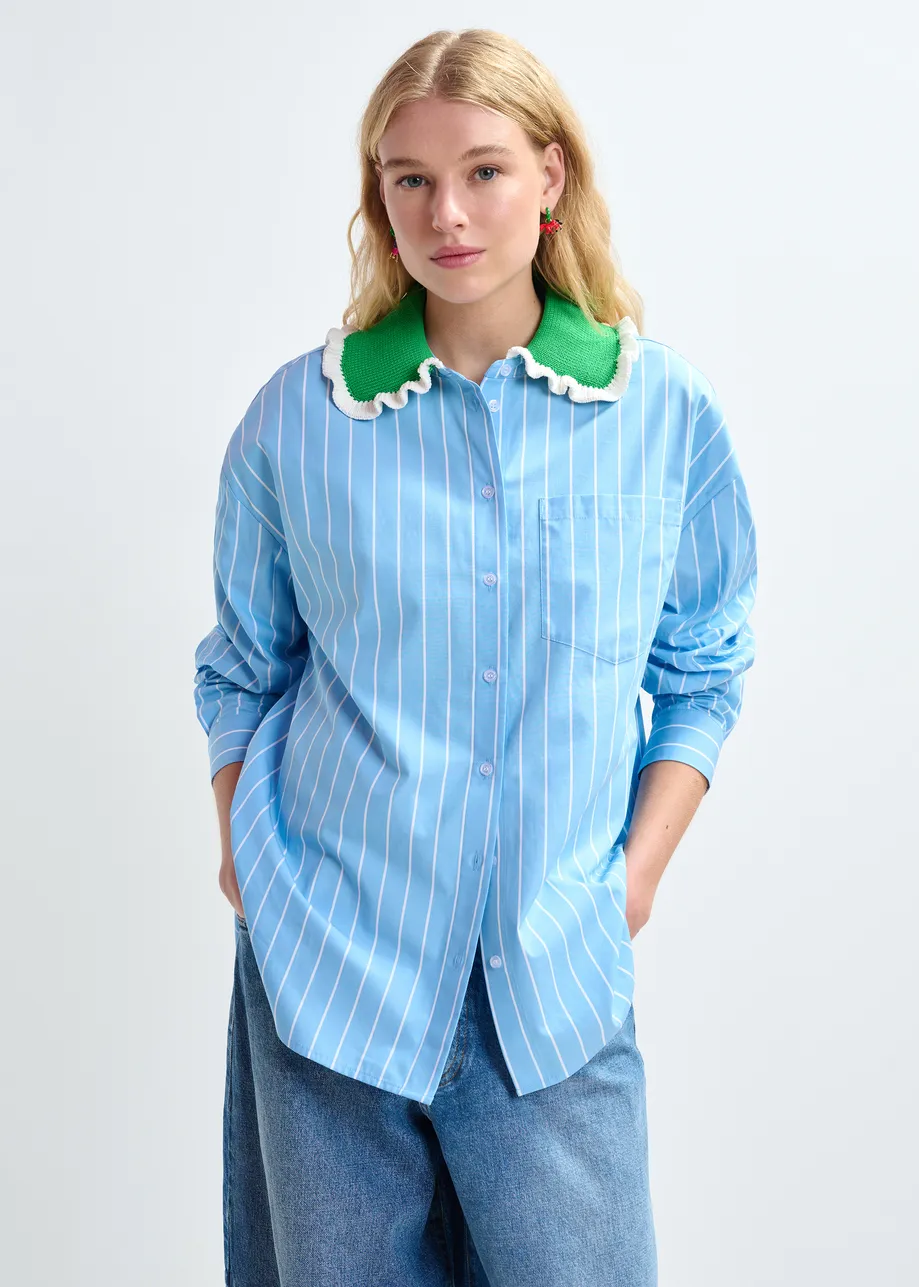 Light blue and off-white striped cotton shirt with green crochet ruffled collar