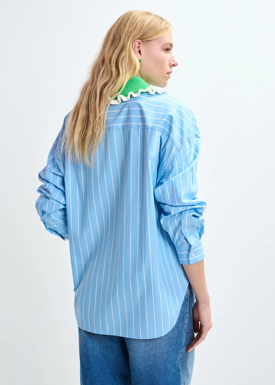 Light blue and off-white striped cotton shirt with green crochet ruffled collar