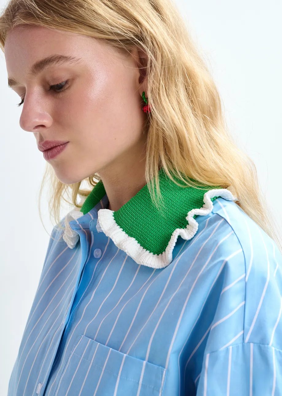Light blue and off-white striped cotton shirt with green crochet ruffled collar