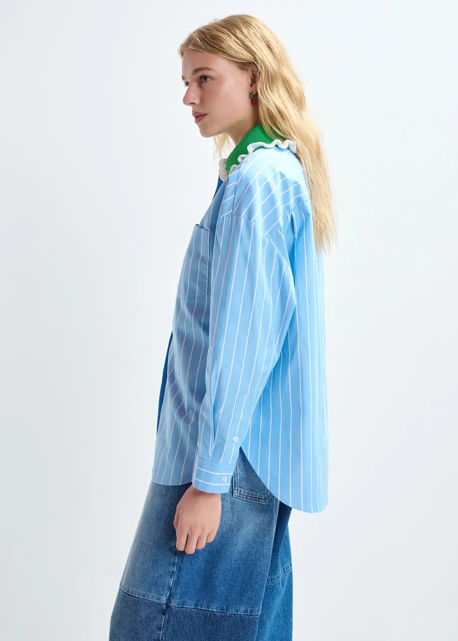 Light blue and off-white striped cotton shirt with green crochet ruffled collar