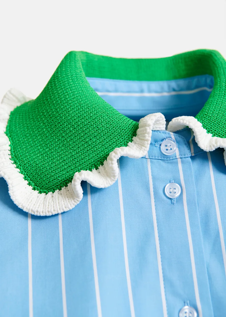 Light blue and off-white striped cotton shirt with green crochet ruffled collar