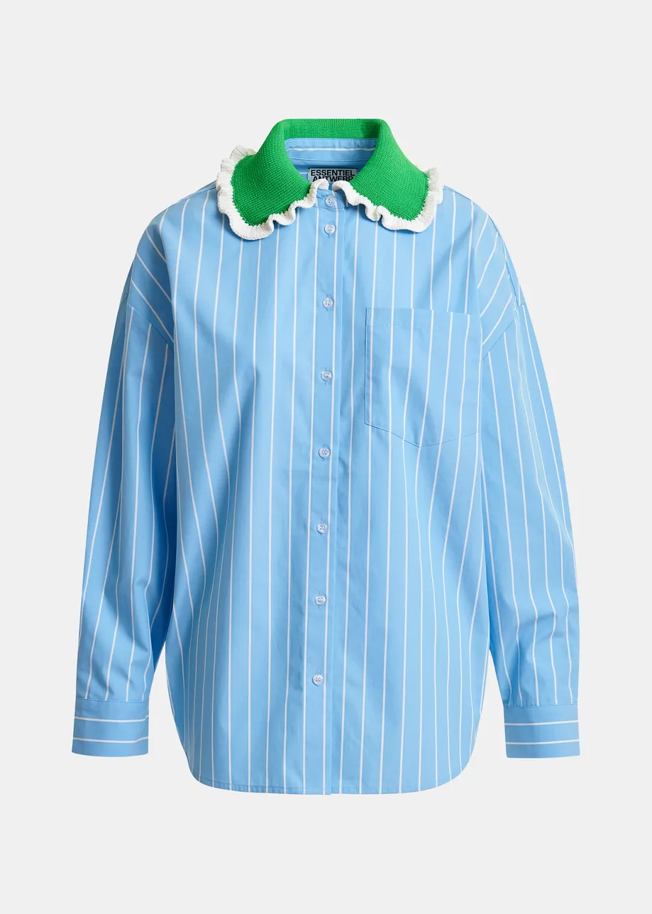 Light blue and off-white striped cotton shirt with green crochet ruffled collar