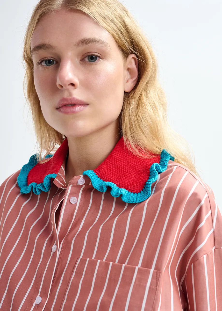 Burned orange and off-white striped cotton shirt with crochet ruffled collar