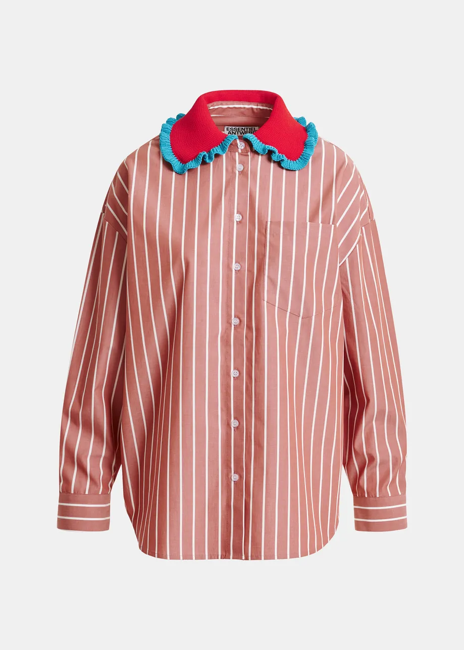 Burned orange and off-white striped cotton shirt with crochet ruffled collar