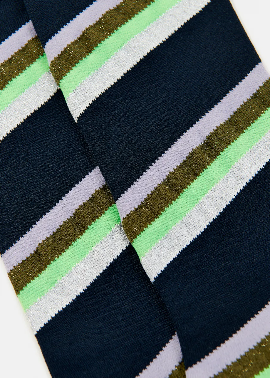 Marineblauw, groen en grijs gestreepte halflange sokken met lurex