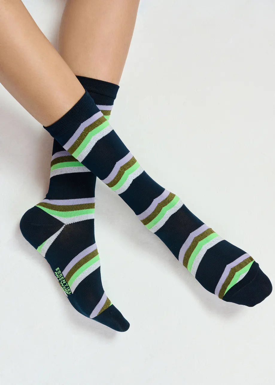 Navy, green and grey Lurex striped mid-length socks