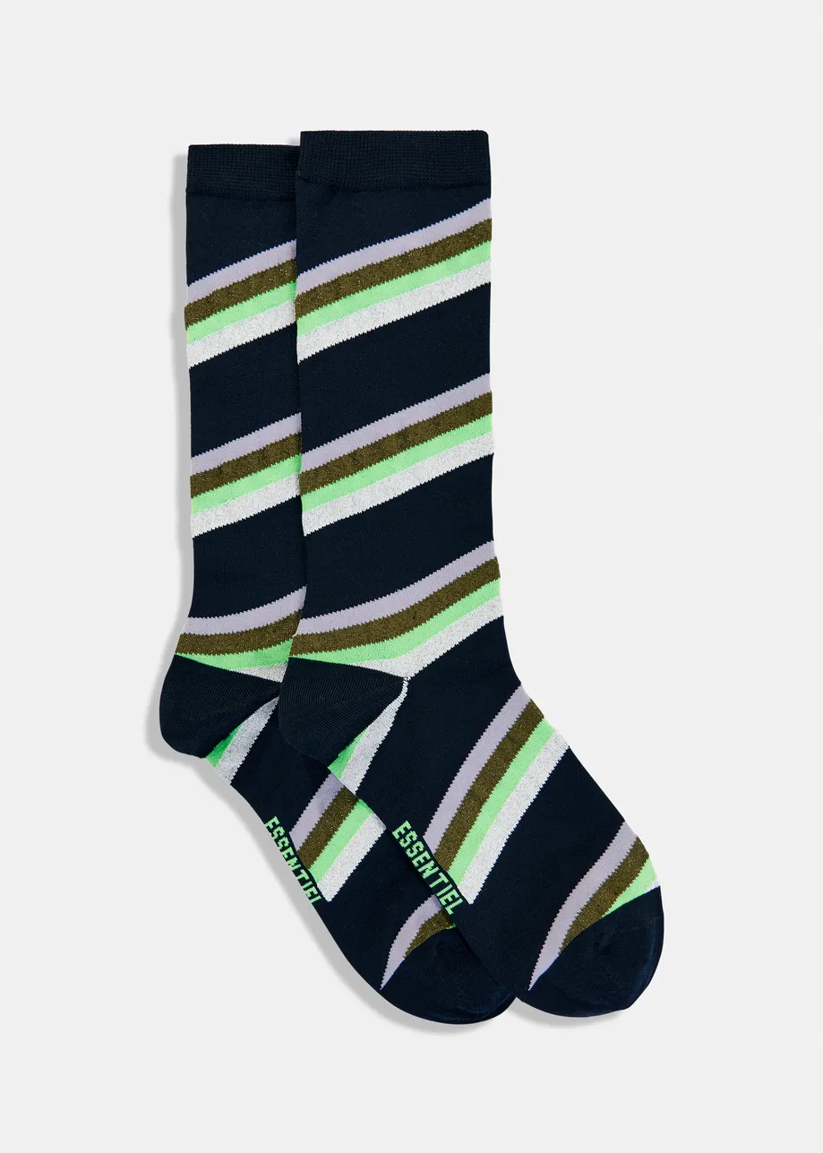 Marineblauw, groen en grijs gestreepte halflange sokken met lurex