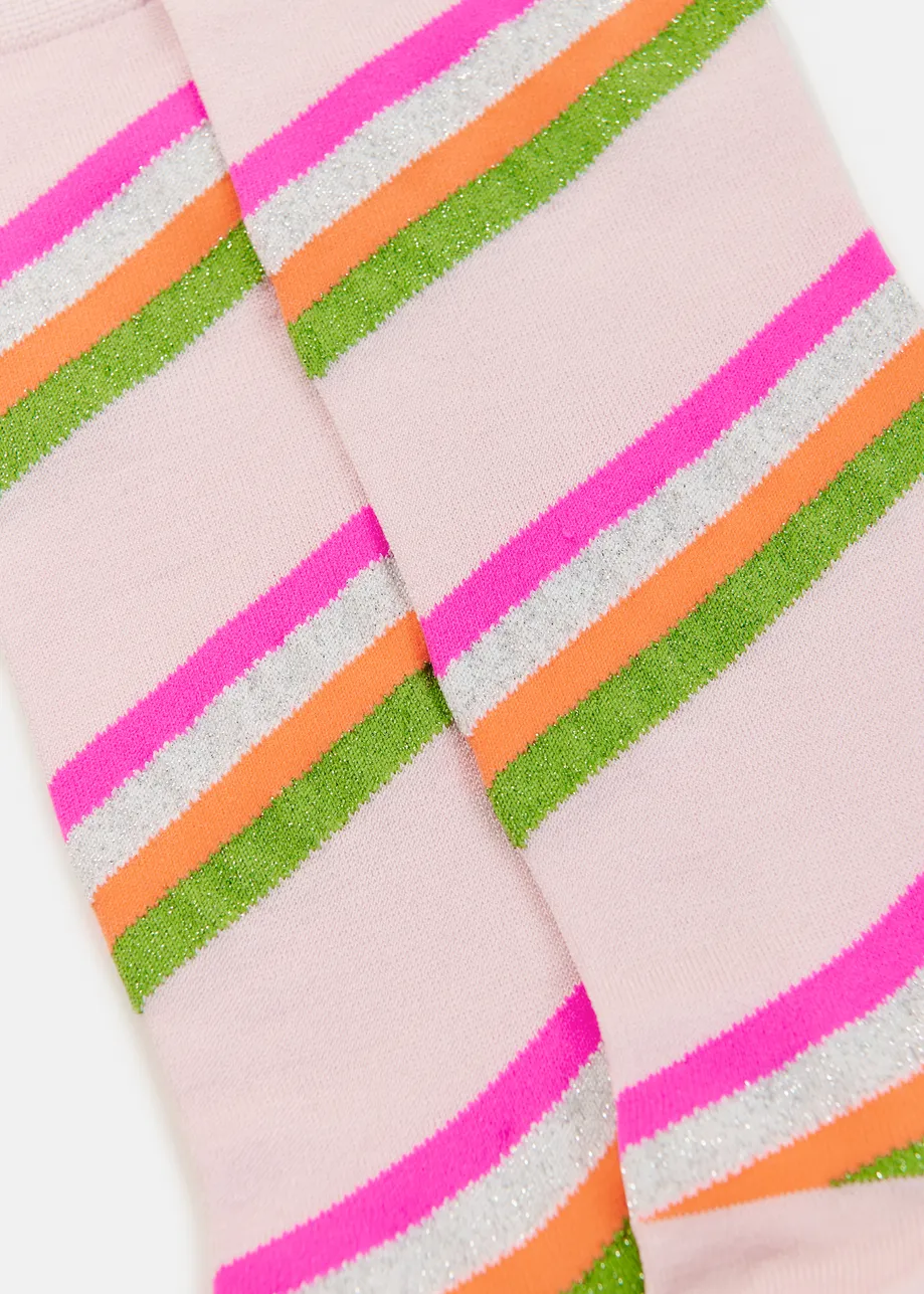 Lichtroze en kleurrijk gestreepte halflange sokken met lurex