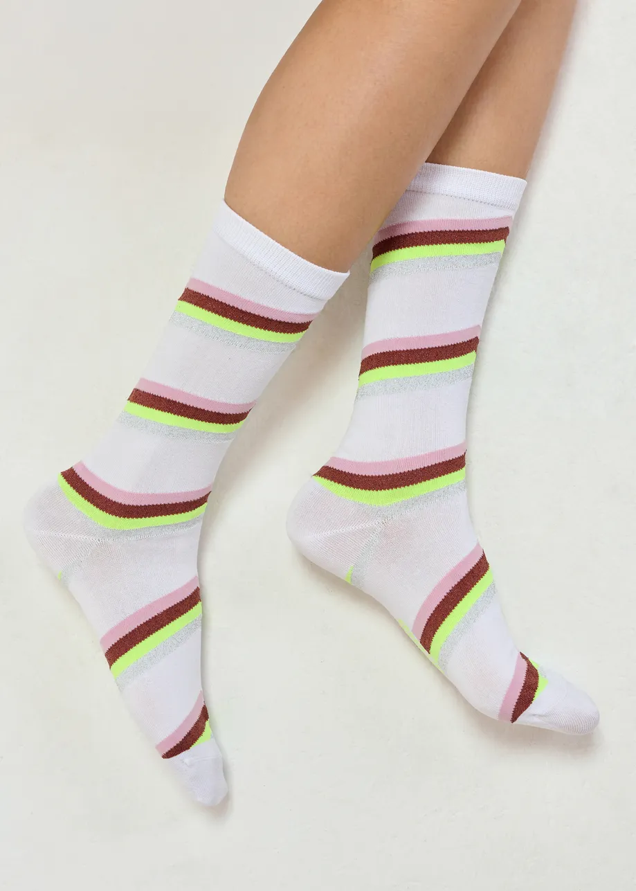 White and multicolor Lurex striped mid-length socks