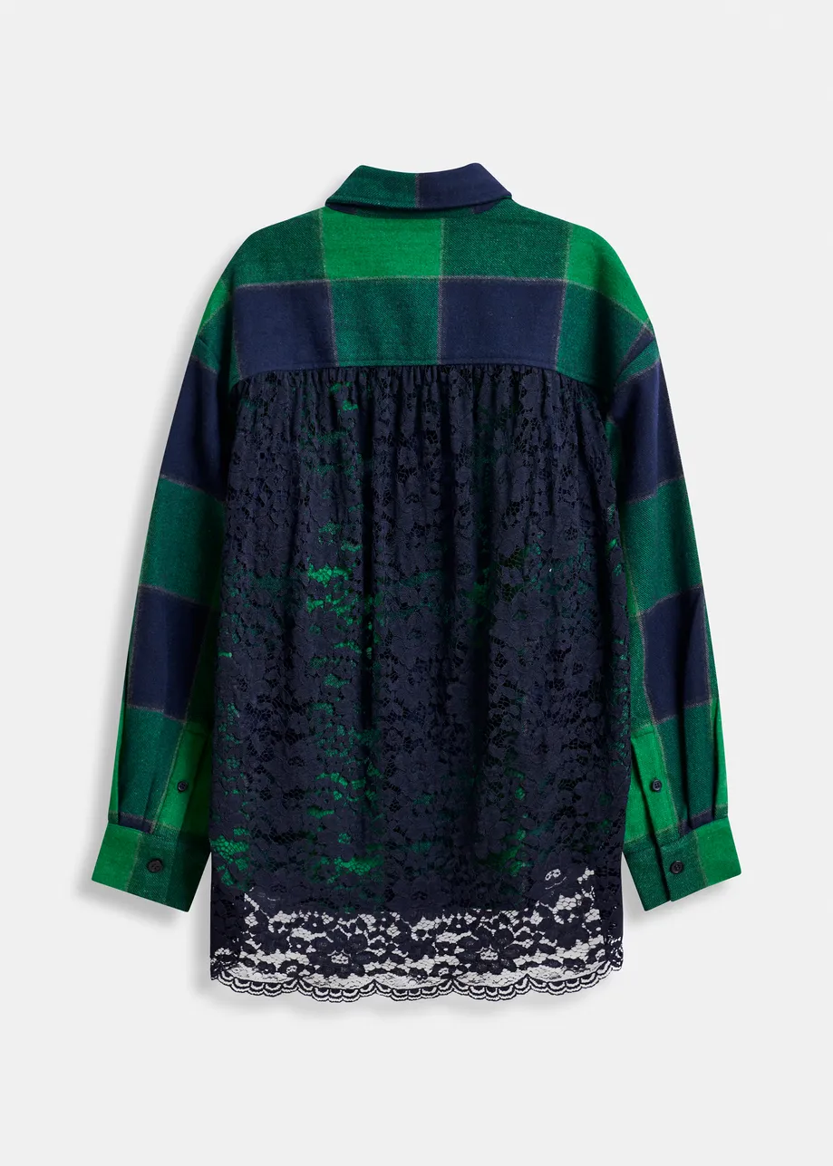 Green and navy wool-blend checked flannel with lace back panel
