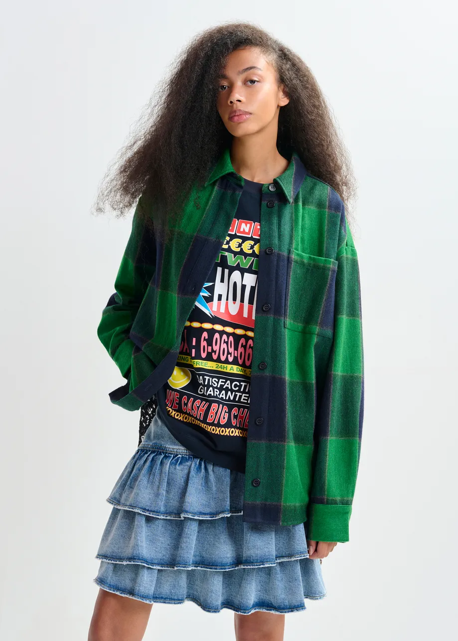 Green and navy wool-blend checked flannel with lace back panel