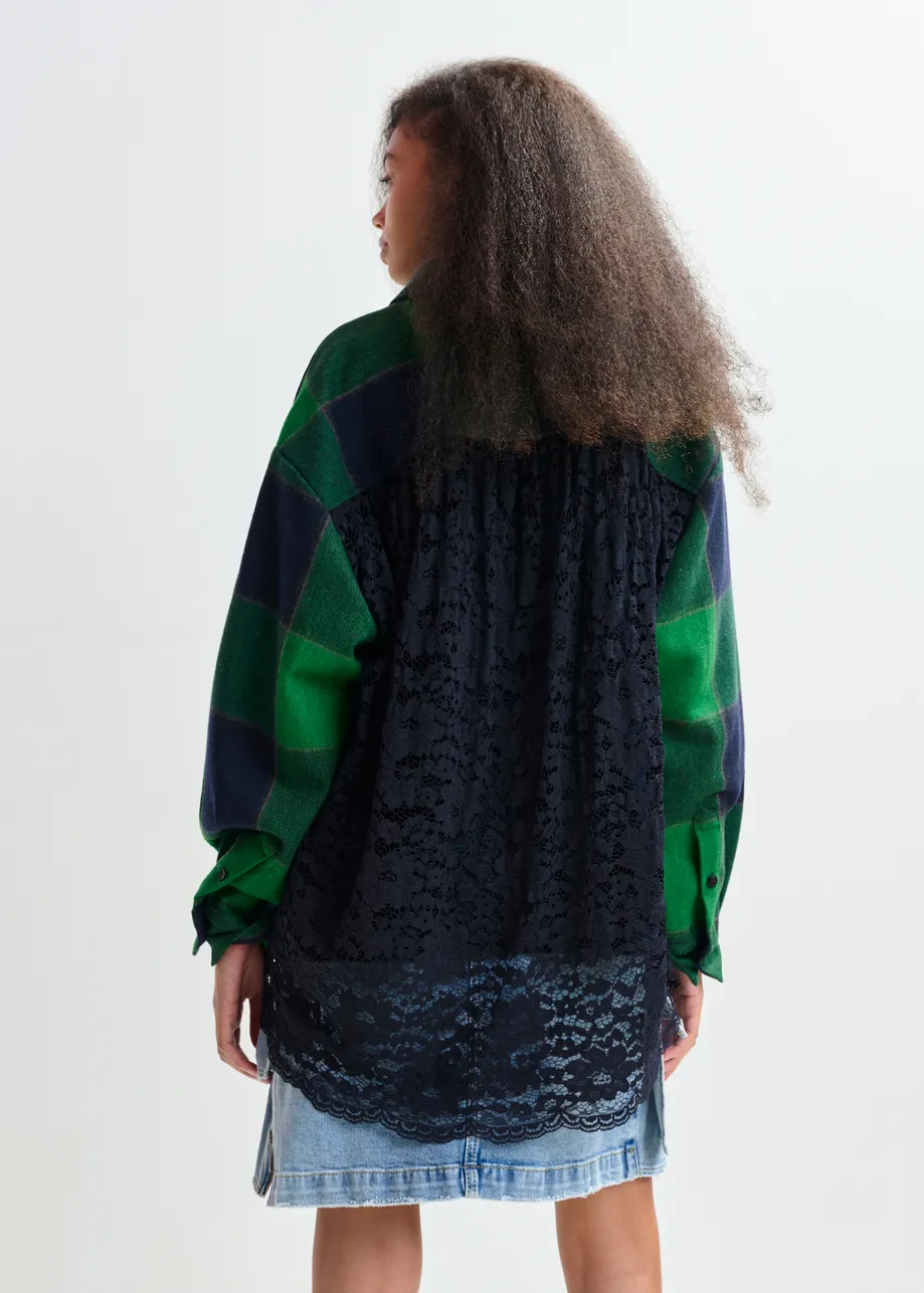 Green and navy wool-blend checked flannel with lace back panel