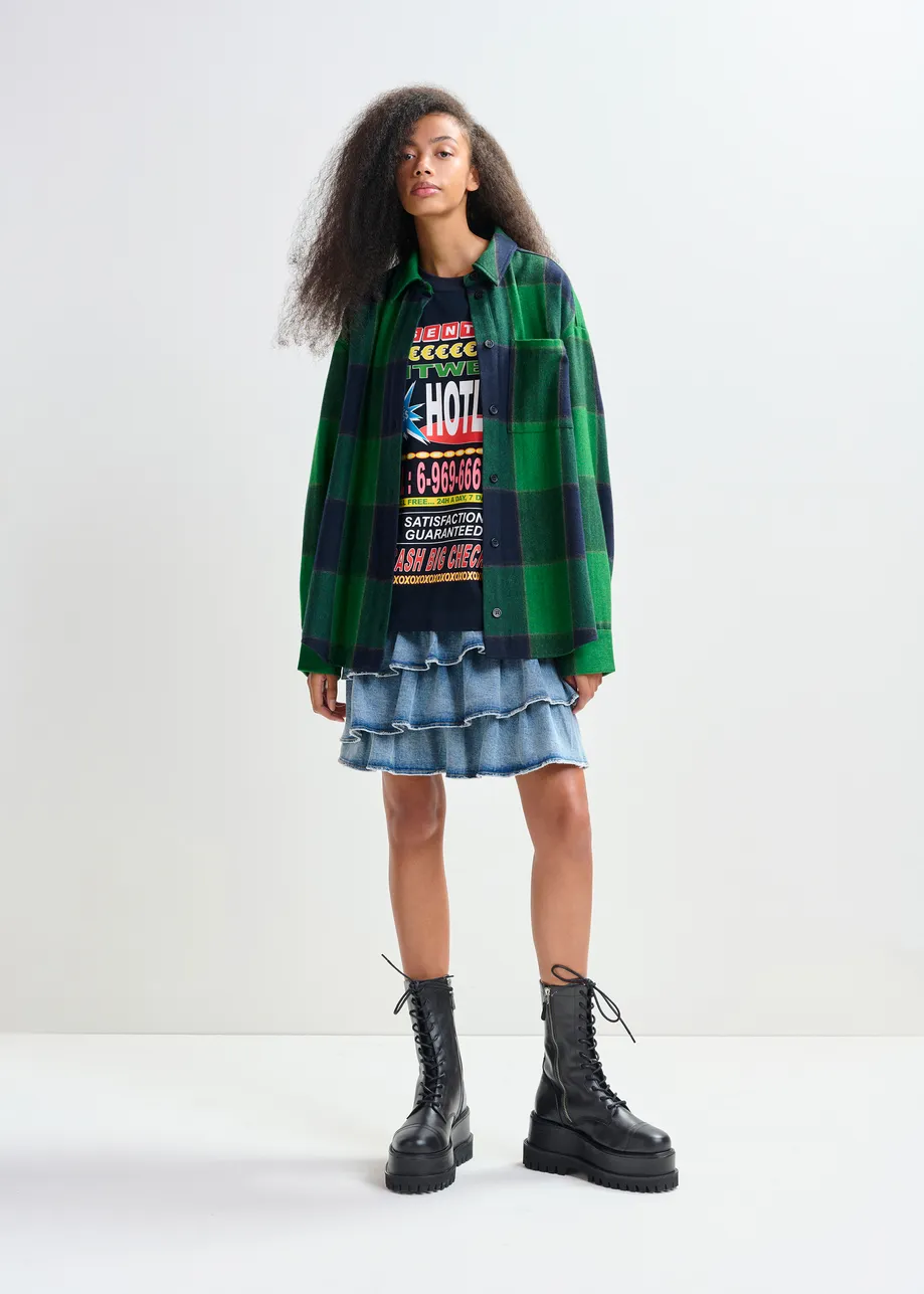 Green and navy wool-blend checked flannel with lace back panel