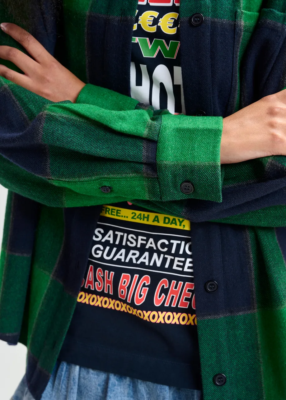 Green and navy wool-blend checked flannel with lace back panel