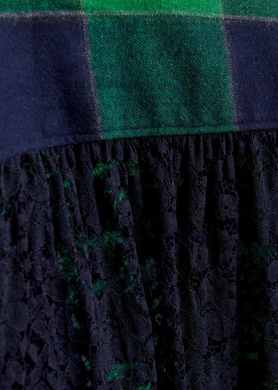Green and navy wool-blend checked flannel with lace back panel