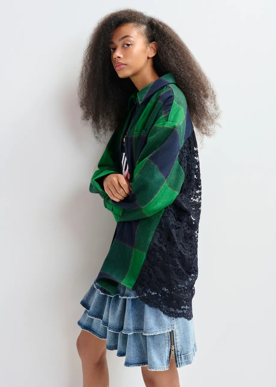 Green and navy wool-blend checked flannel with lace back panel