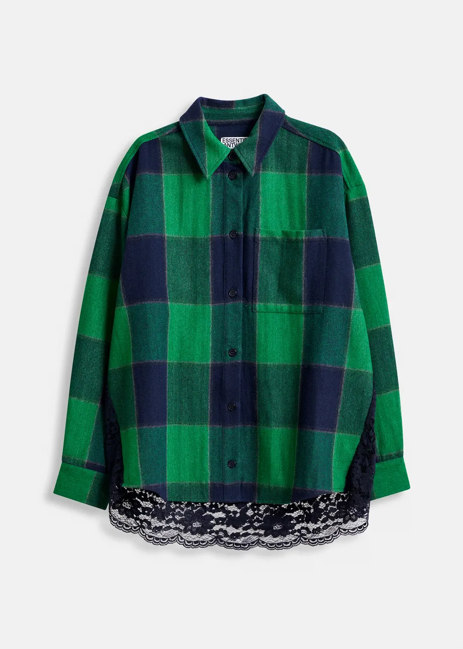 Green and navy wool-blend checked flannel with lace back panel