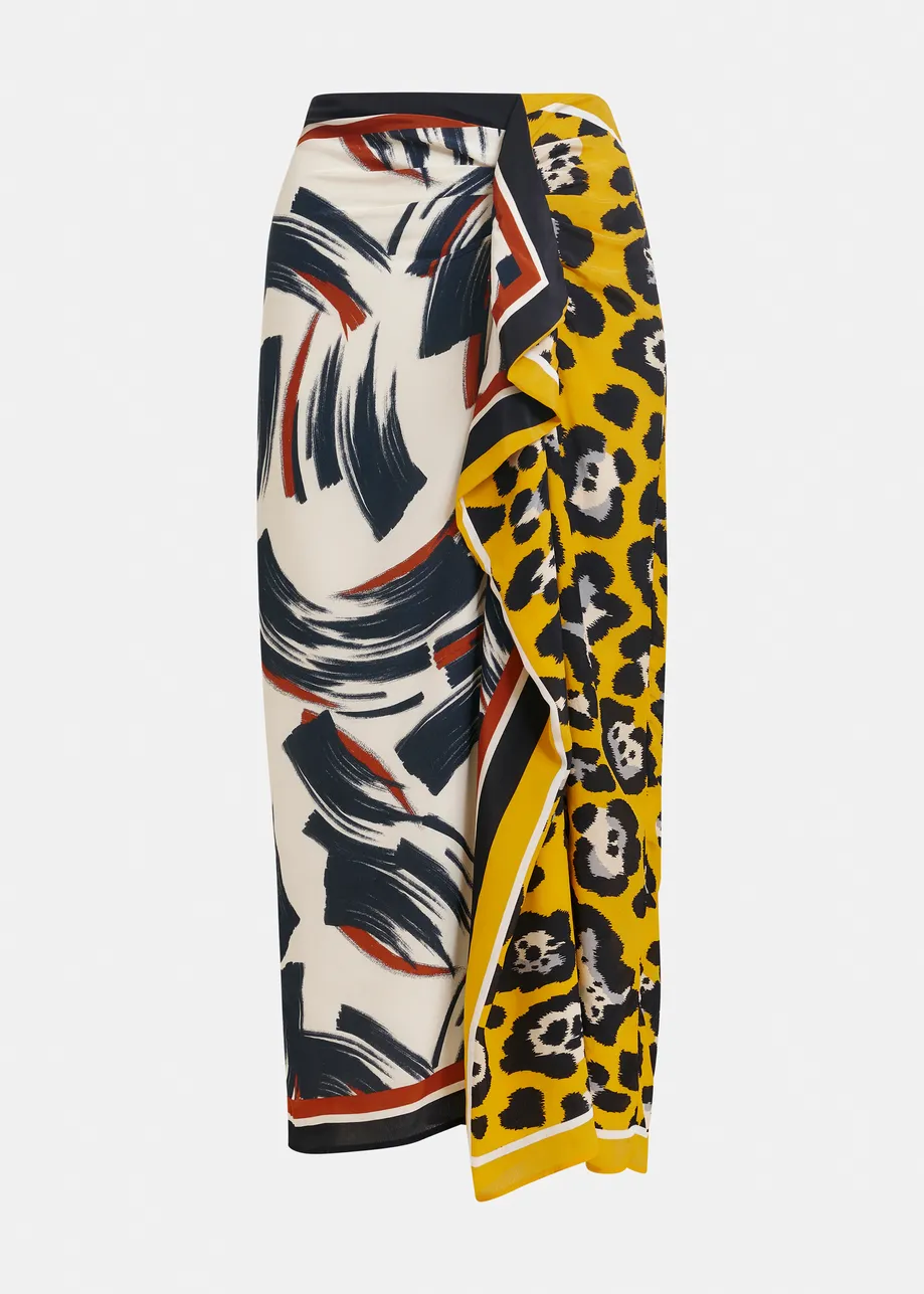 Multicolor printed draped midi skirt