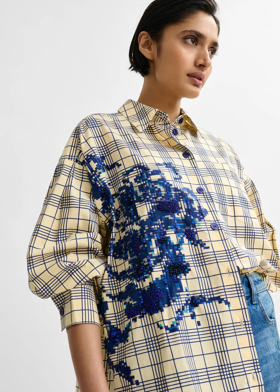 Beige and dark blue checked oversized cotton shirt with floral sequin and bead embellishment